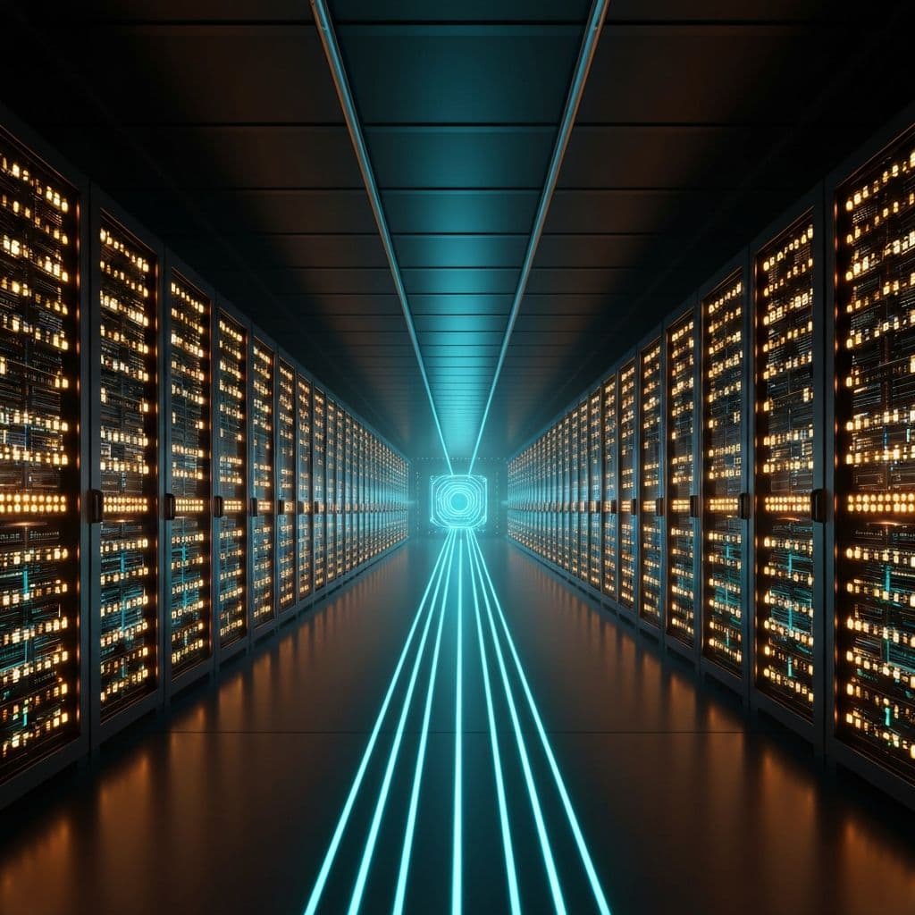 Massive GPU data center with quantum light beams connecting classical infrastructure to quantum chambers
