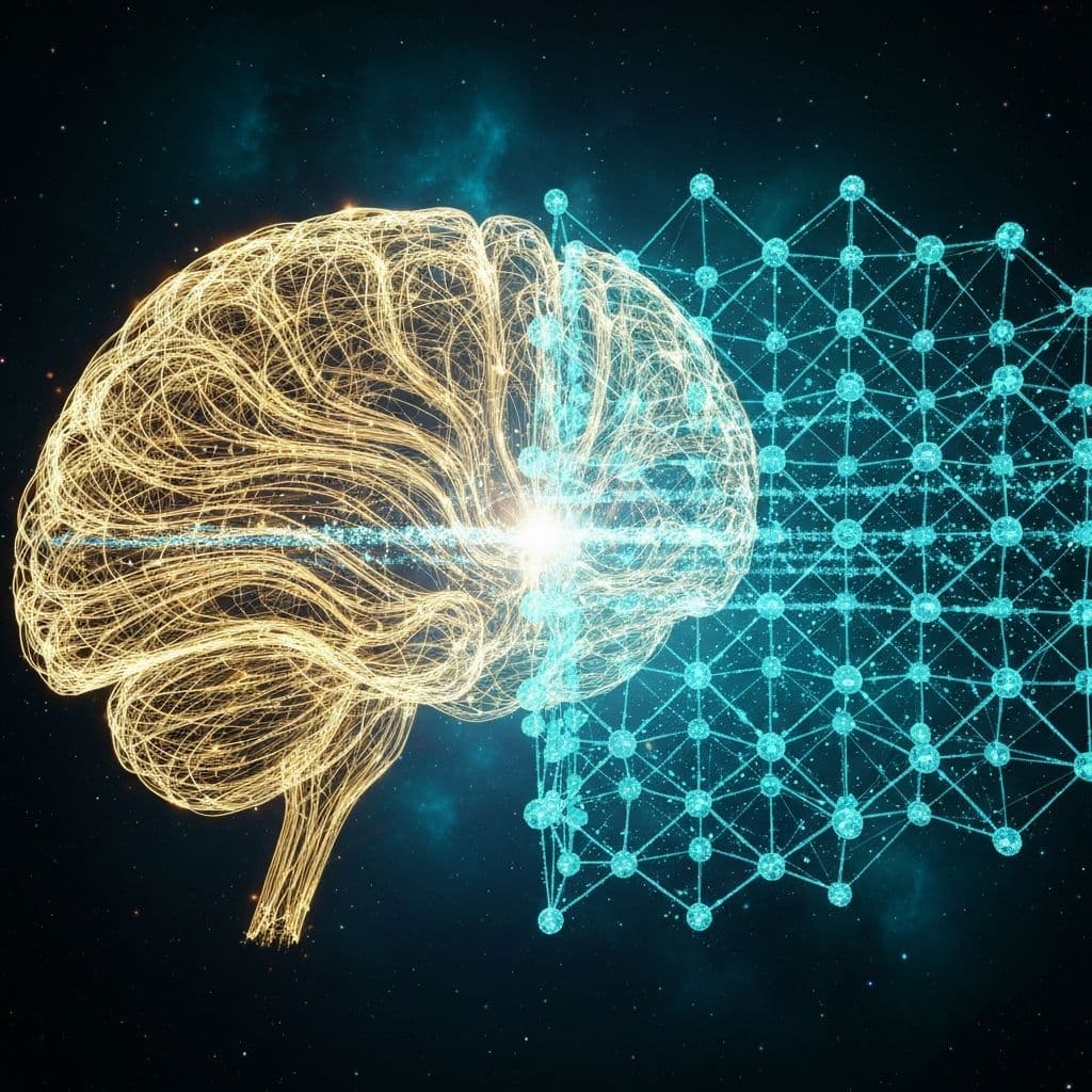 Quantum AI convergence visualization showing neural networks merging with quantum lattice structures